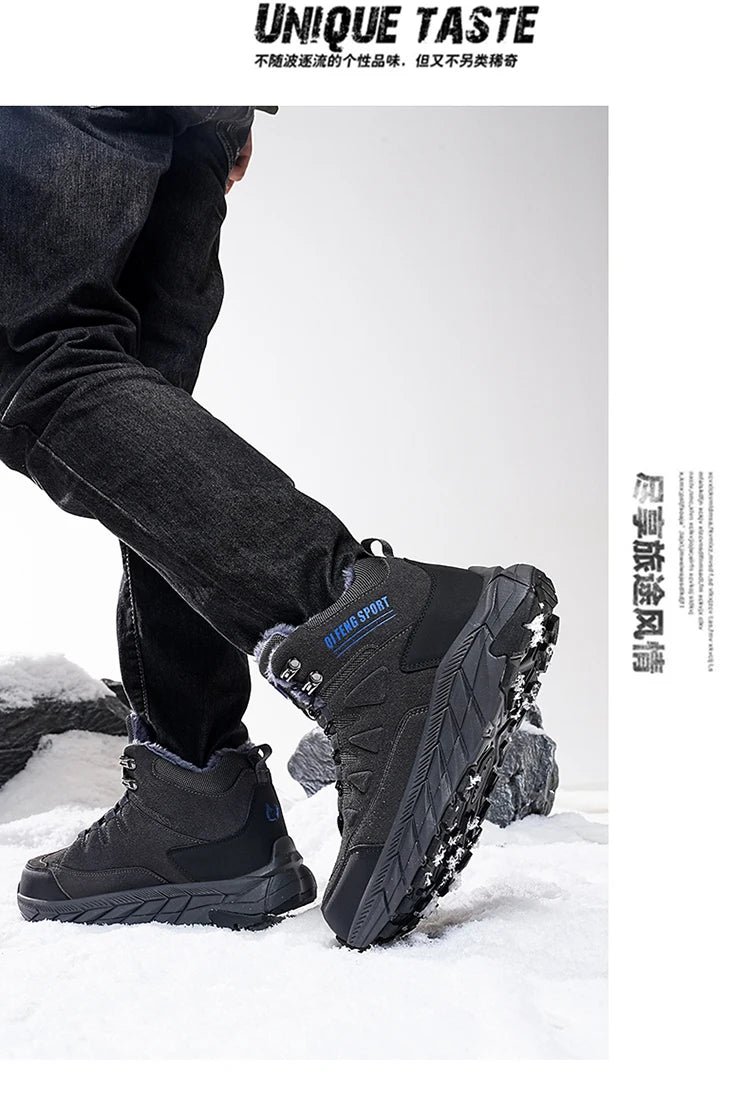Large Size 48 Leather Hiking Boots Mens Winter Outdoor Warm Fur Non Slip 2025 Fashion Hike Ankle Boot Black Hunting Boots Rubber