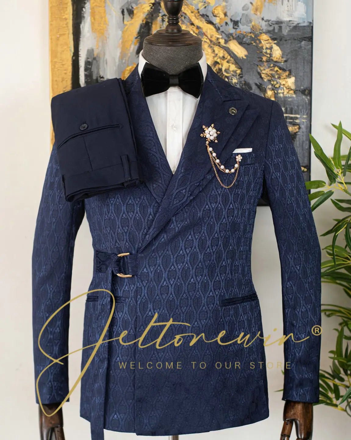 Blue Gold Jacquard Double Breasted Suit for Men Shawl Lapel Slim Fit Luxurious Fashion Statement Wedding Groom Stage Wear homme