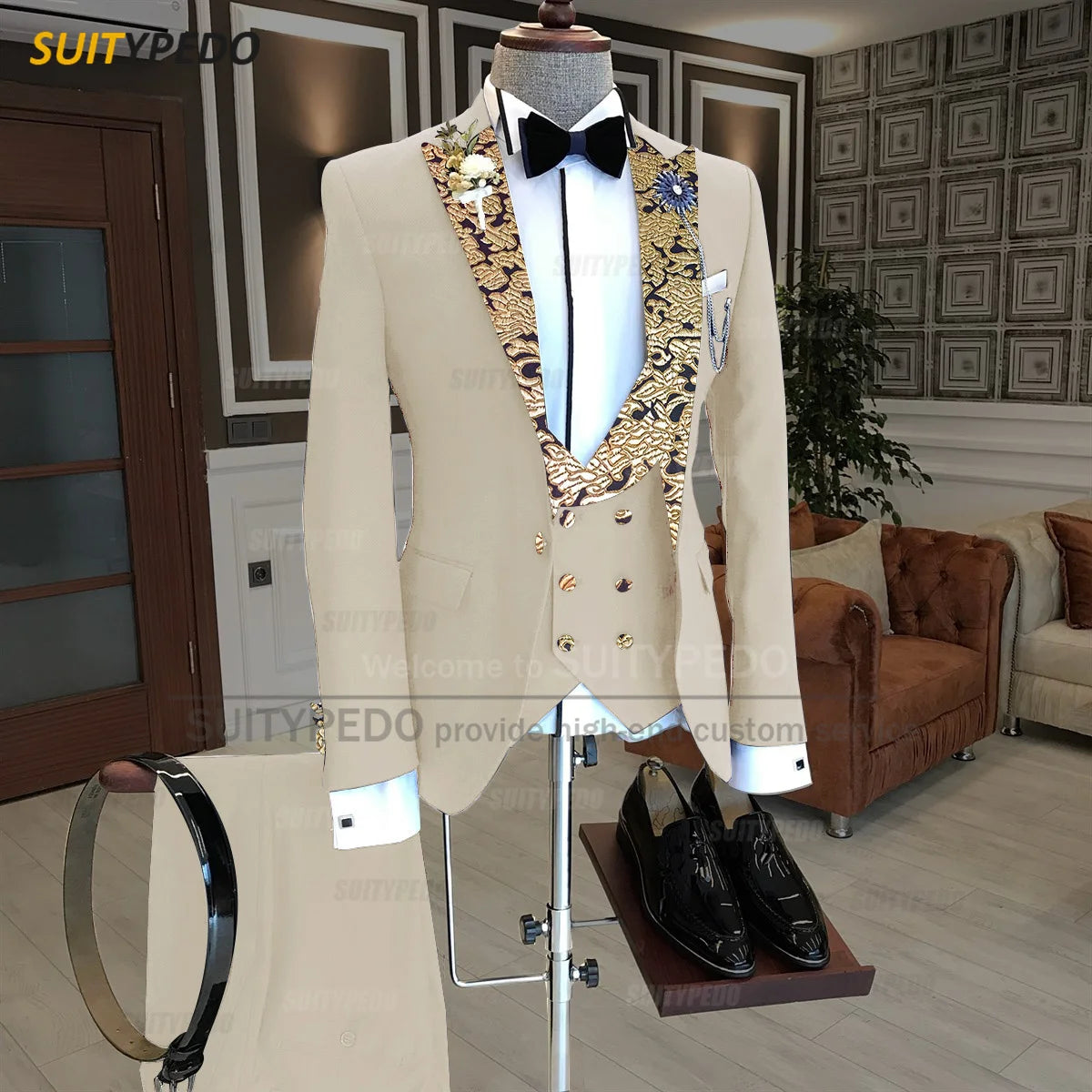 Luxury Men Suits Gold Printed Collar Formal Prom Male Elegant Costume Jacket Vest Pants 3 Pieces Wedding Party Fashion Tuxedos