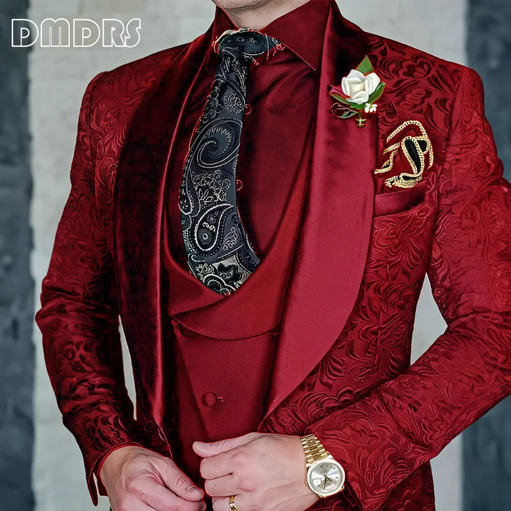 DMDRS | Jacquard Men's 3-piece Suit Set Formal Party Dress Groom's Tuxedo High Quality Elegant Men's Customized Outfit