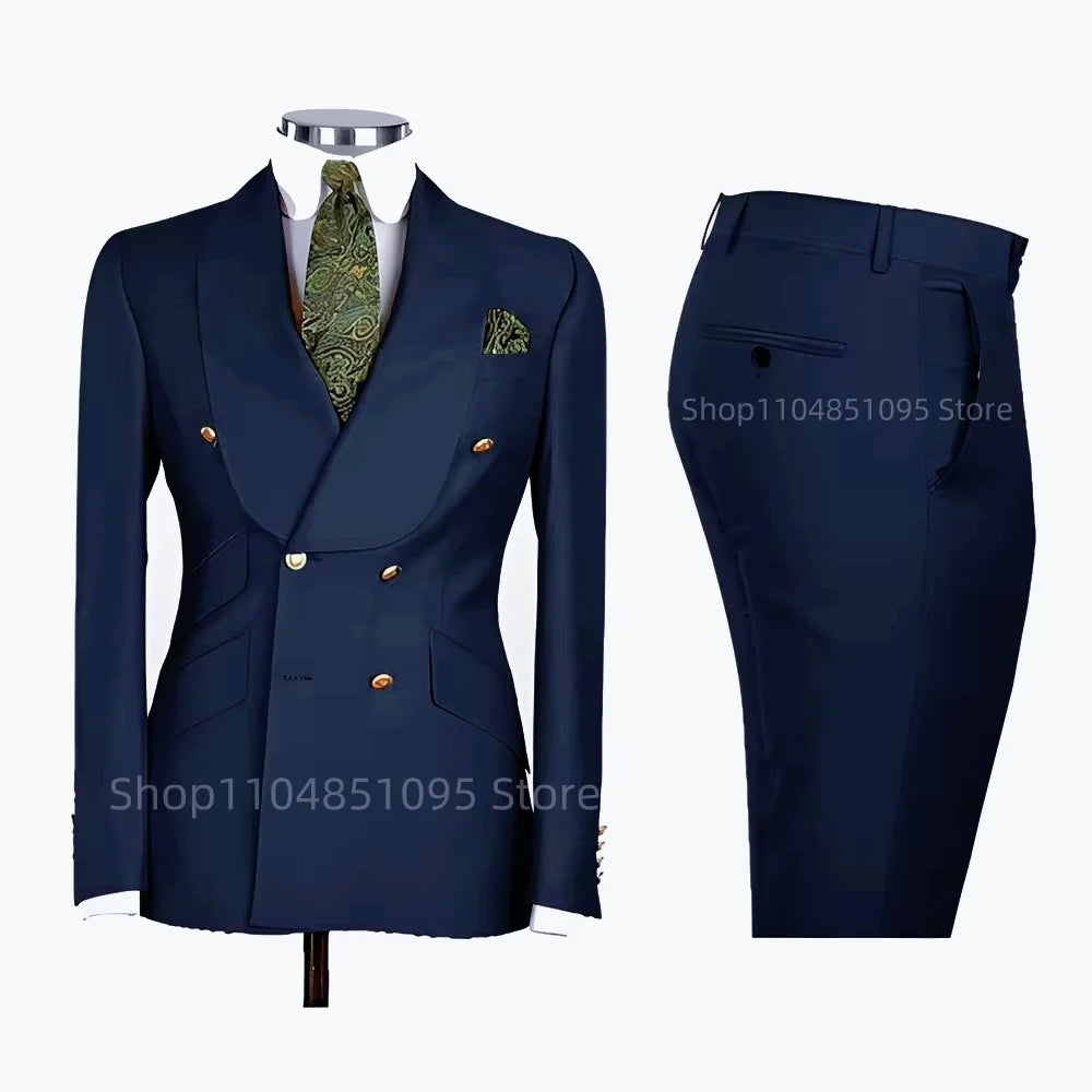 2 PCS Men's Smart Casual Solid Formal Tuxedo Suits with Shawl Lapel Double Breasted Jacket And Pants for Business And Wedding
