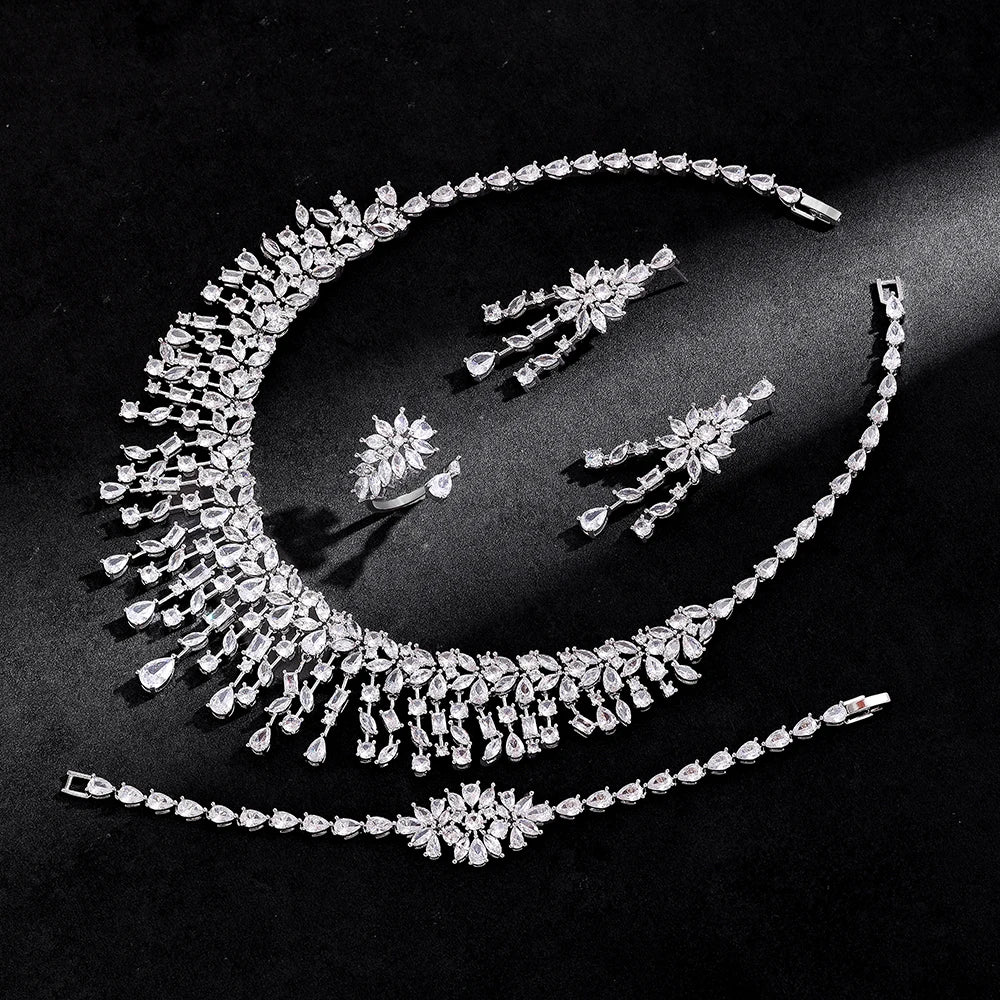 Luxury 4pcs Bridal Wedding Jewelry Set Cubic Zirconia Dubai Tassels Necklace Earrings Sets for Women Party Dress