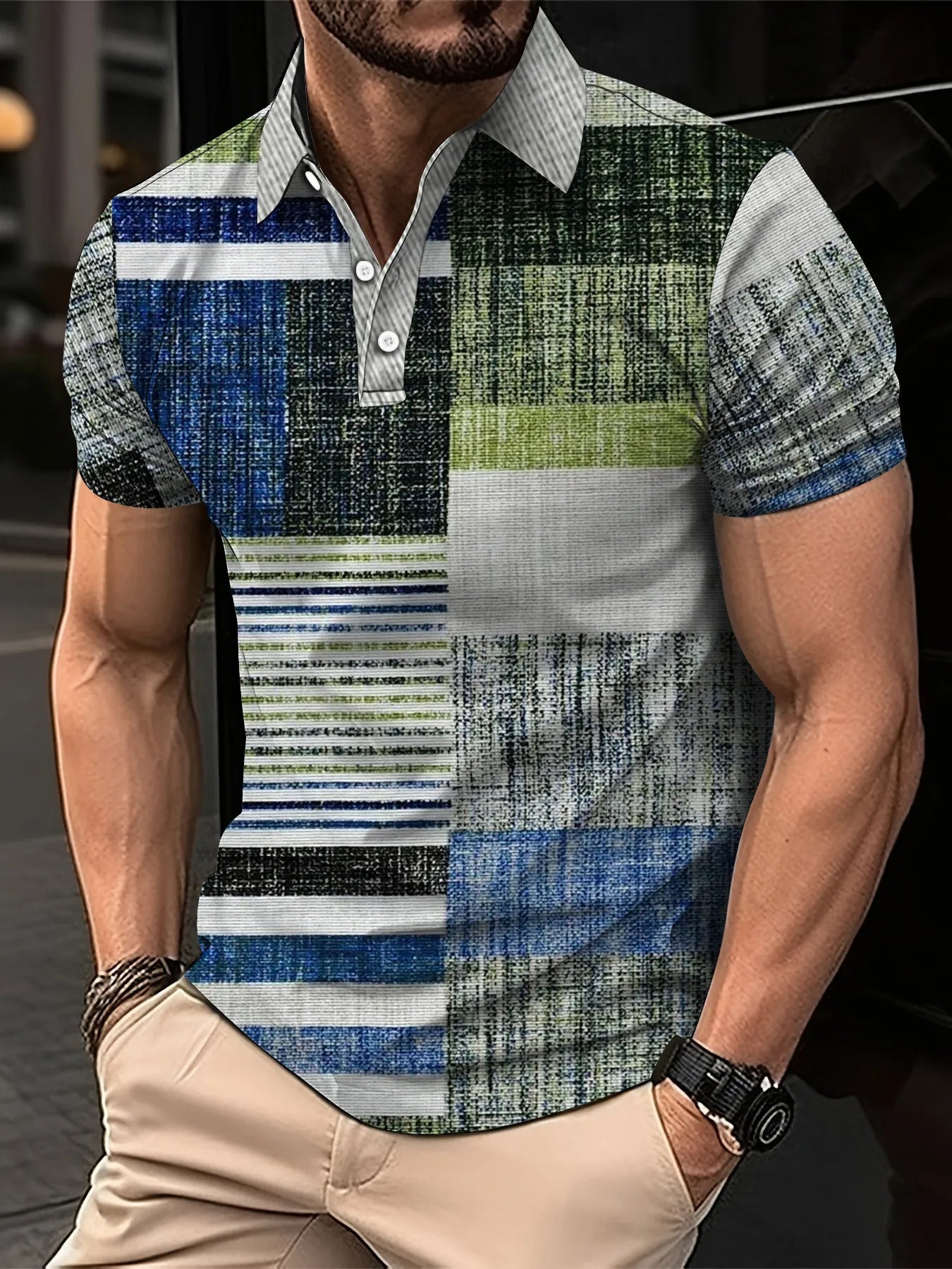 Fashion Elegant Harajuku Slim Fit Ropa Hombre Loose Casual All Match Lattice Men's POLO Shirt Printed Button Short Sleeve Tops