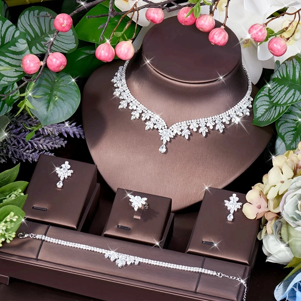 Unique Brilliant Cubic Zirconia Wedding Jewelry Set For Women Geometric African Luxury Bride 4 Piece Holiday Dress S-339