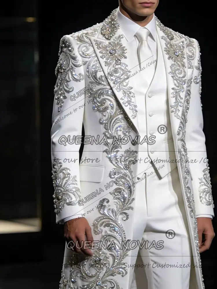 Male Fashion Beaded Suits Long For Wedding 3 Piece Set Single Breasted Prom Blazers Customized Man Banquet Party Tuxedos Outfit
