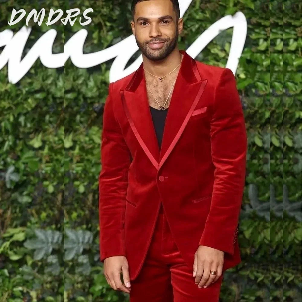 Elegant V-neck Velvet Single button Men Suits High Quality Fashion 2 PCS Jacket Pants Classic Groom 2025 Wedding Slim Fit Outfit