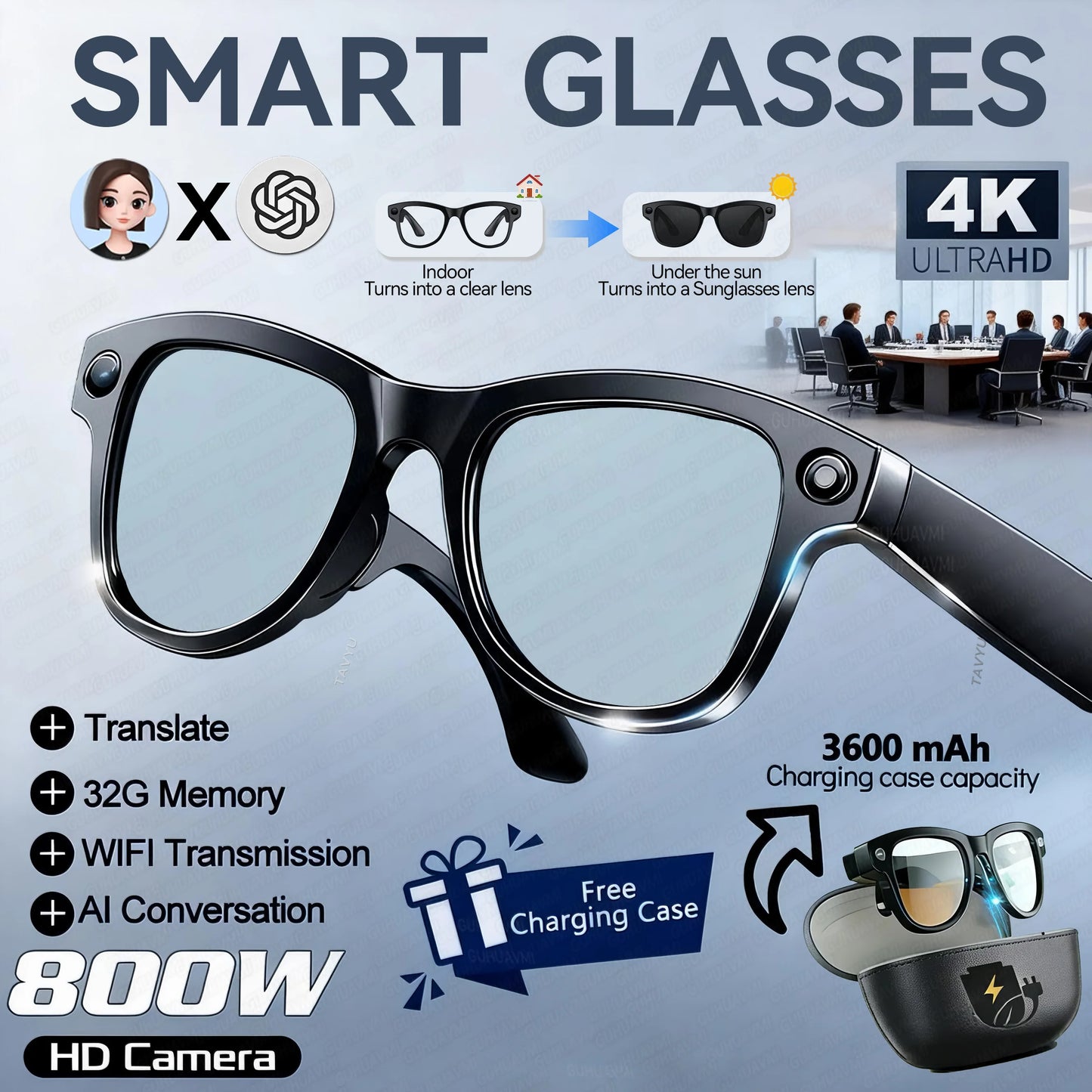 2025 New Travel Study Smart Glasses Men 800W HD Pixel Camera Video Recording WIFI Transmission Adjustable Prescription Glasses