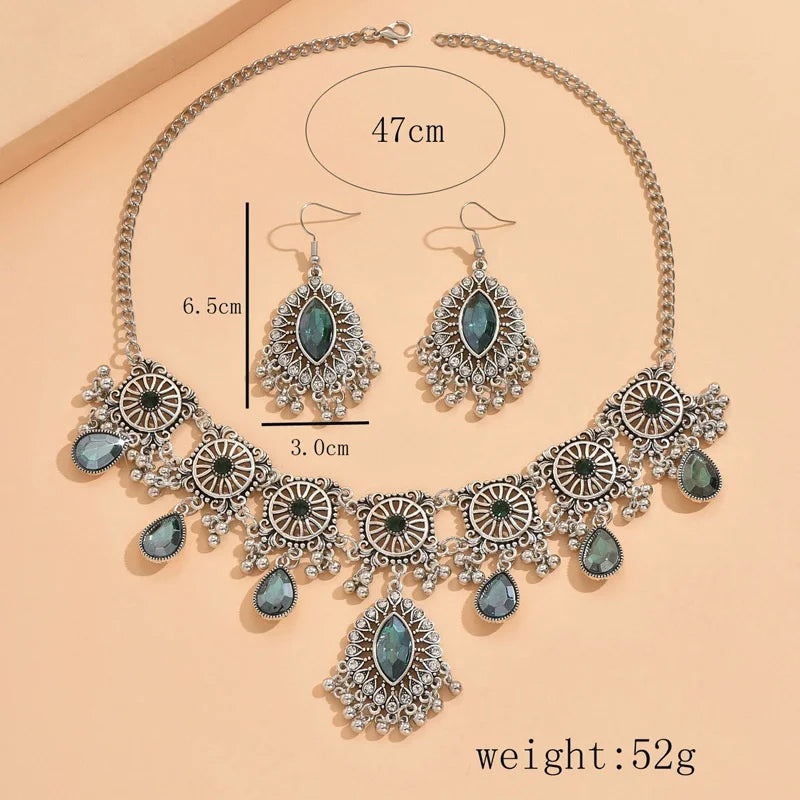 2pcs Vintage Indian Ethnic  Style Jewelry Set For Women Crystal  Inlaid Jewelry Sets  Water Drop Pendant Necklace Earring Set