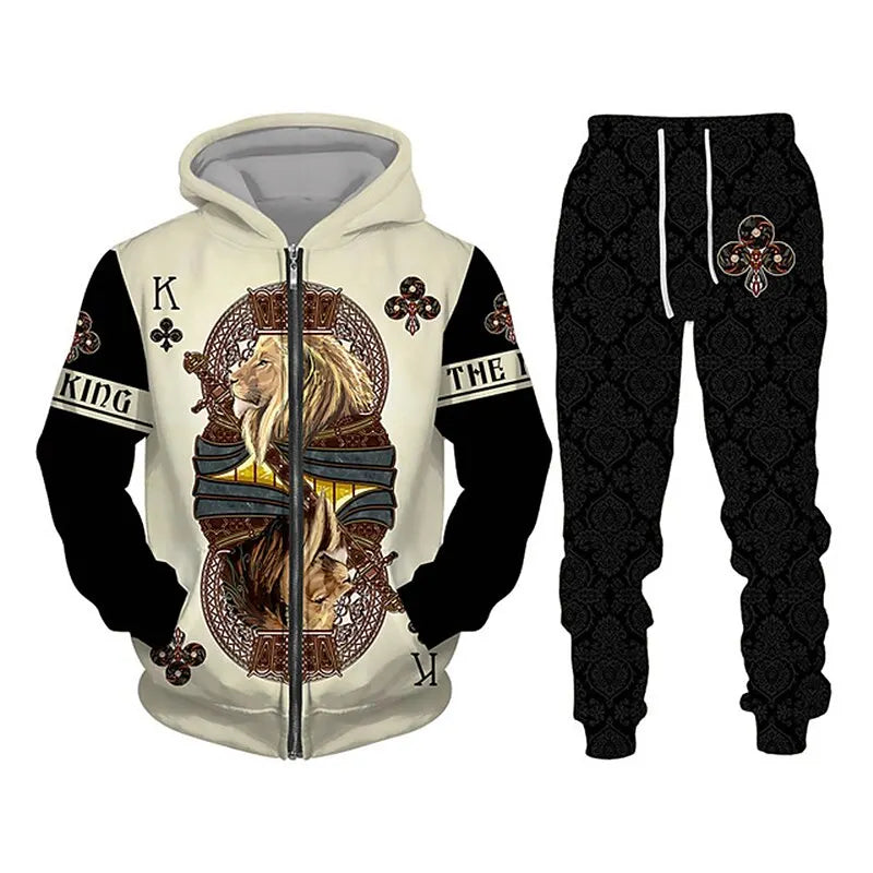 Men's Zip Hoodie Tracksuit Full Hoodies Set Lion Graphic Zipper 2 Piece Hooded Sports Outdoor Casual Sports 3D Print Streetwear