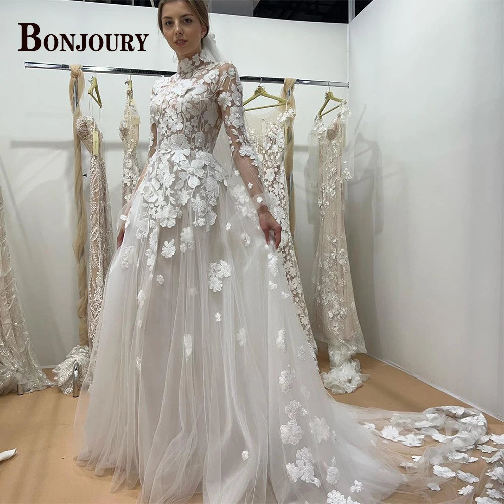 BONJOURY Charming Wedding Dress Mermaid Appliques Button Off the Shoulder Court Train Vestidos De Novia Brautmode Customized