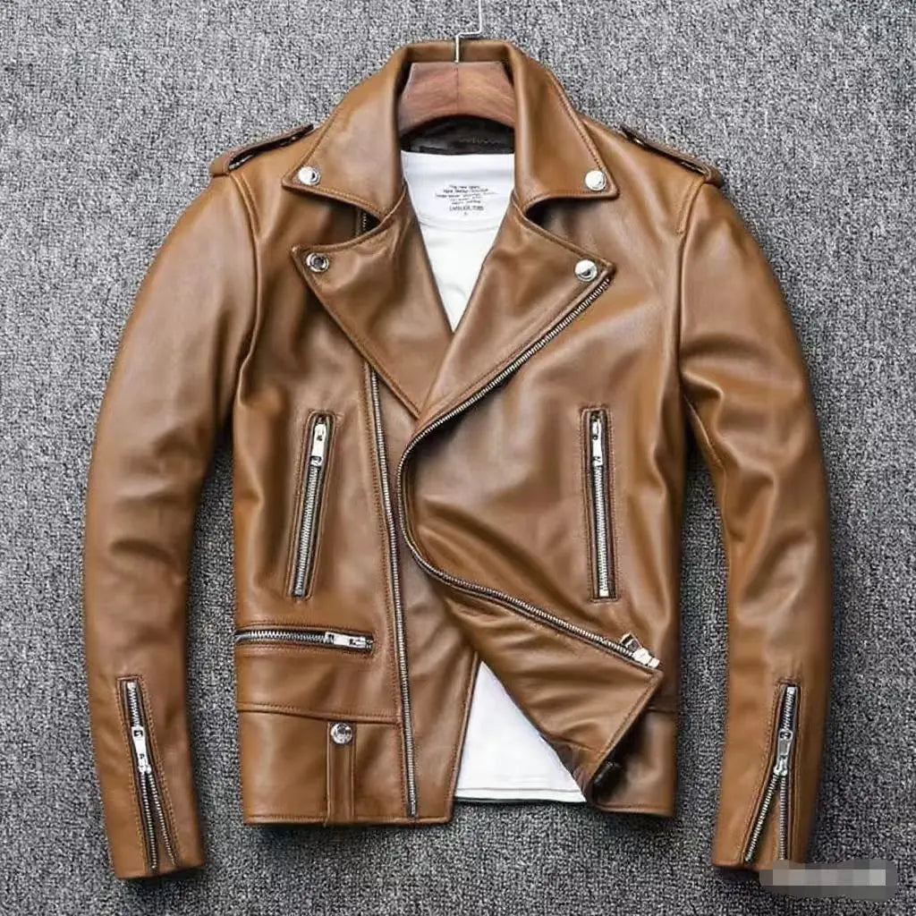 2026 Men's Lapel Oblique Zipper PU Locomotive Leather Jacket, Autumn, New Casual Versatile Slim Fit, Leather Jacket