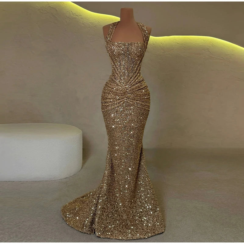 Women's Gold Sequin Halter Gown Square Neck Ruched Detail Mermaid Train Slim Fit Elegant Evening Party Formal Lady Fashion Dress
