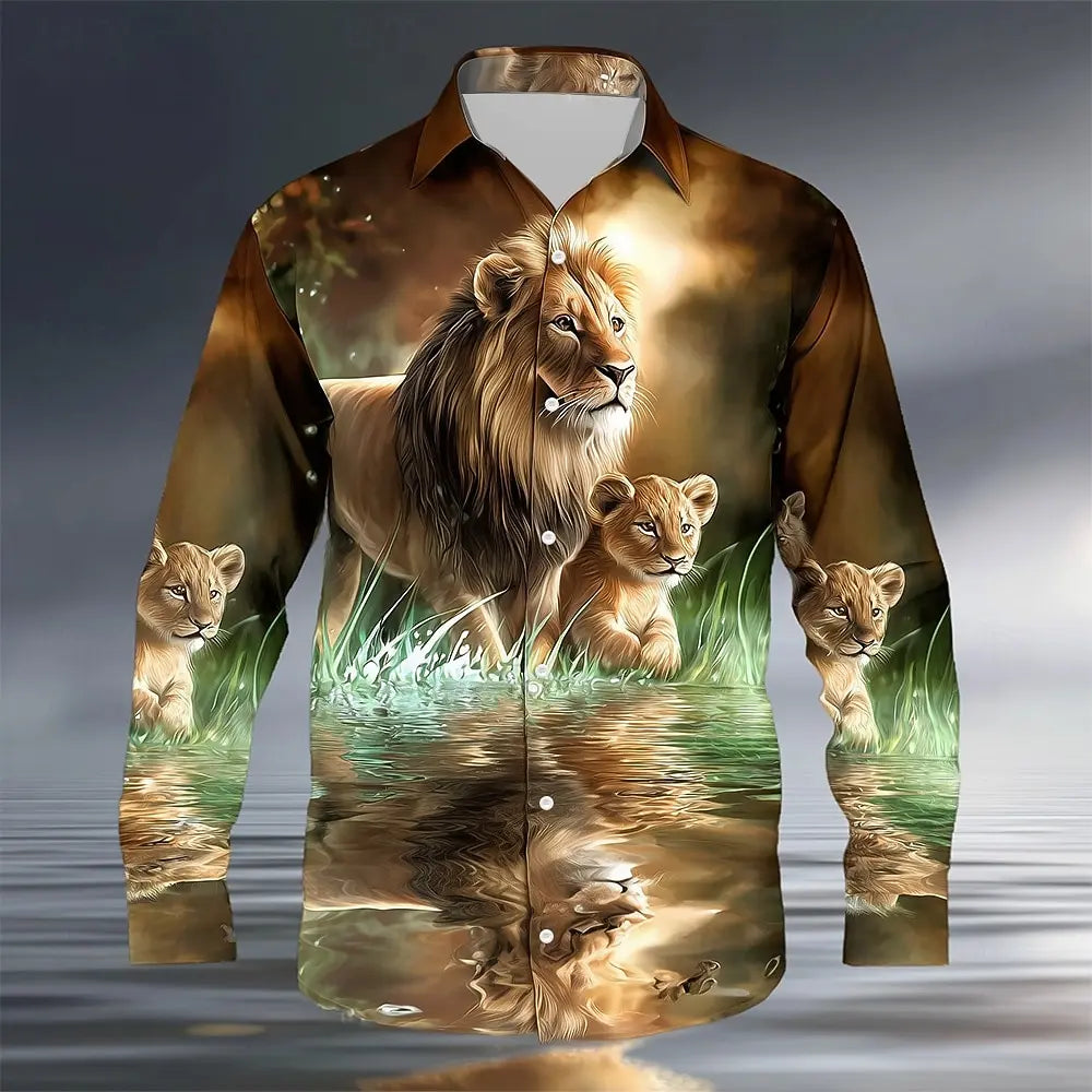 2025 Men's Animal Lion Nature Shirt Fashion 3D Printed Shirt Button Up Shirt Casual Long Sleeve Shirt Street Blouse for Mens