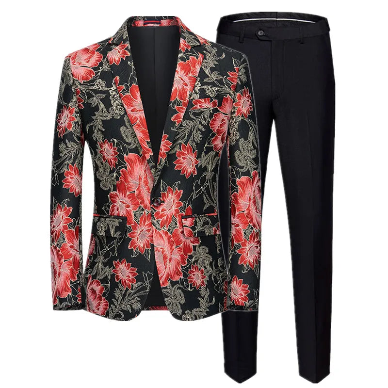 (Jacket + Trousers) Fashion Men Jacquard Suits, High Quality Male Business Social Groom Wedding Party Flower Dress Set