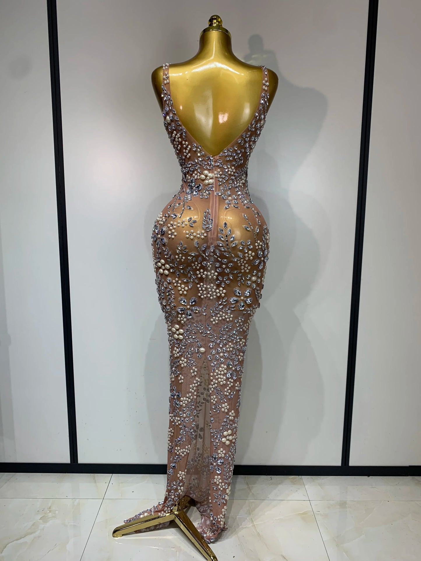 Women Lxury Diamonds Mesh See Through Long Dress Celebrity Elegant Evening Party Fancy Club Dress Singer Performance Costume