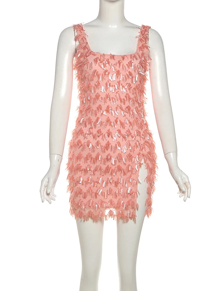 Nibber Fashion Sequins Tassel Mini Dress Women Summer New Trend Square Collar Sleeveless Backless Splits Hem Midnight Outfits