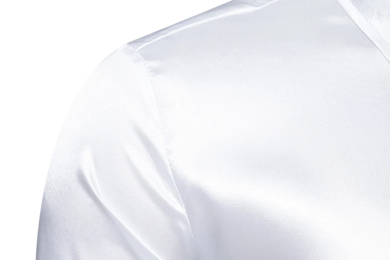 Men's Black Satin Luxury Dress Shirts Fashion Silk Smooth Tuxedo Shirt Solid Wedding Party Prom Casual Shirt Business Office
