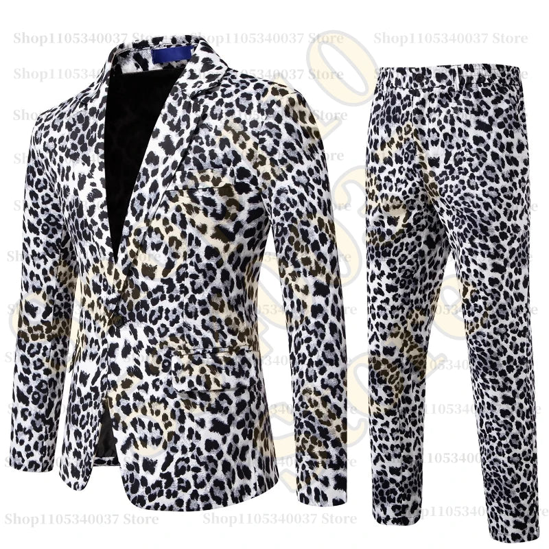 2026 Yellow Digital Print Leopard Print Suits Set for Men,Leopard Print Fashion Casual Slim-Fit Men's Blazer + Pants 2-Piece Set