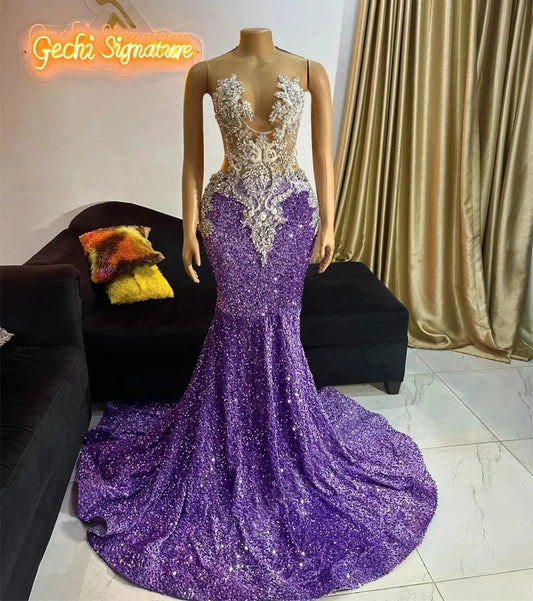 Purple African American Prom Dresses For Black Girls Mermaid Sheer Sequins Beaded Robe De Soiree Evening Gown Customized