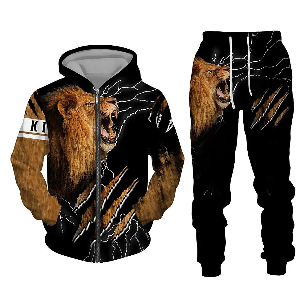 Men's Zip Hoodie Tracksuit Full Hoodies Set Lion Graphic Zipper 2 Piece Hooded Sports Outdoor Casual Sports 3D Print Streetwear