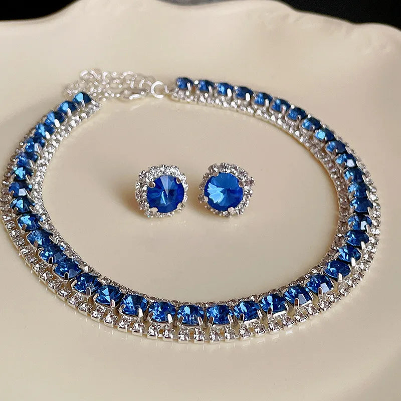 Luxury Green Rhinestone Necklace Stud Earrings For Women Crystal Choker Necklaces Ladies Fashion Weddings Banquet Jewelry Set