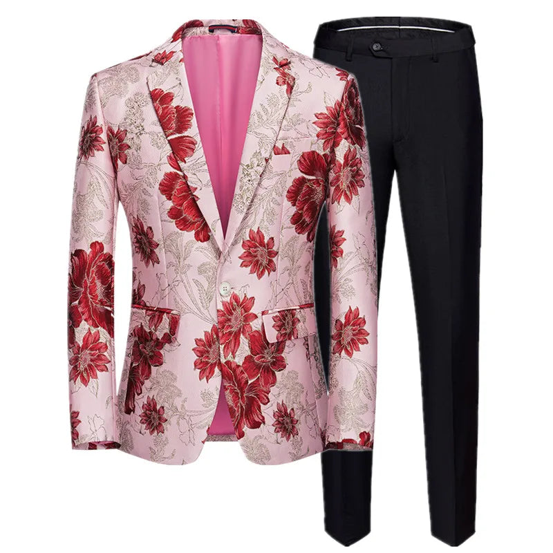 (Jacket + Trousers) Fashion Men Jacquard Suits, High Quality Male Business Social Groom Wedding Party Flower Dress Set