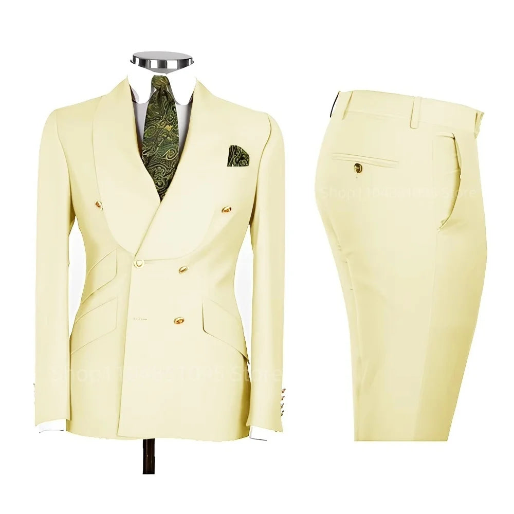 2 PCS Men's Smart Casual Solid Formal Tuxedo Suits with Shawl Lapel Double Breasted Jacket And Pants for Business And Wedding