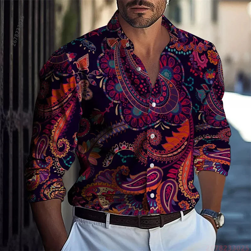 2026 New Colorful Sequin Print Long-Sleeve Shirt for Men, Trendy and Unique Colorful Casual Collared Cardigan Party Top