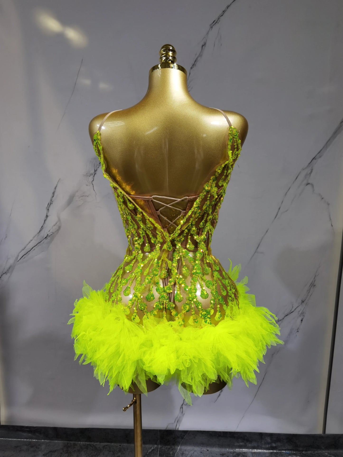 Fluorescent yellow Rhinstone Mesh tube top evening dress sing Gala Elegant Women Party Birthday Special Ocassion Sexy costume