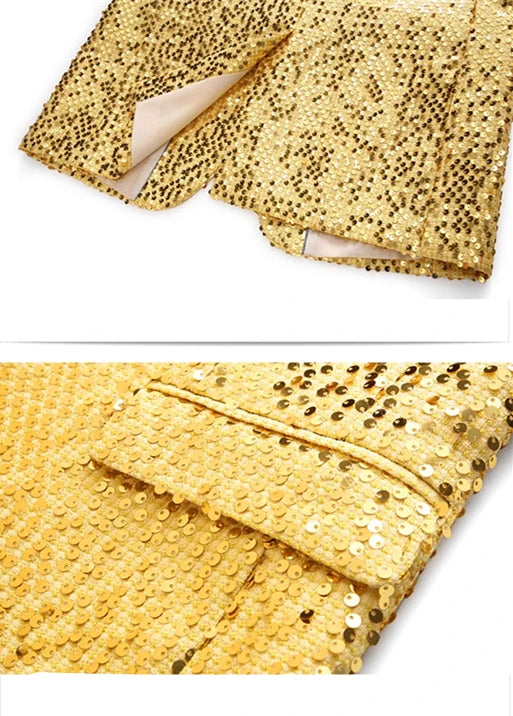 Men's Gold Sequin Slim Fashion Suit Two Piece Set, Stage Performance, Host Costume. Top+Pants