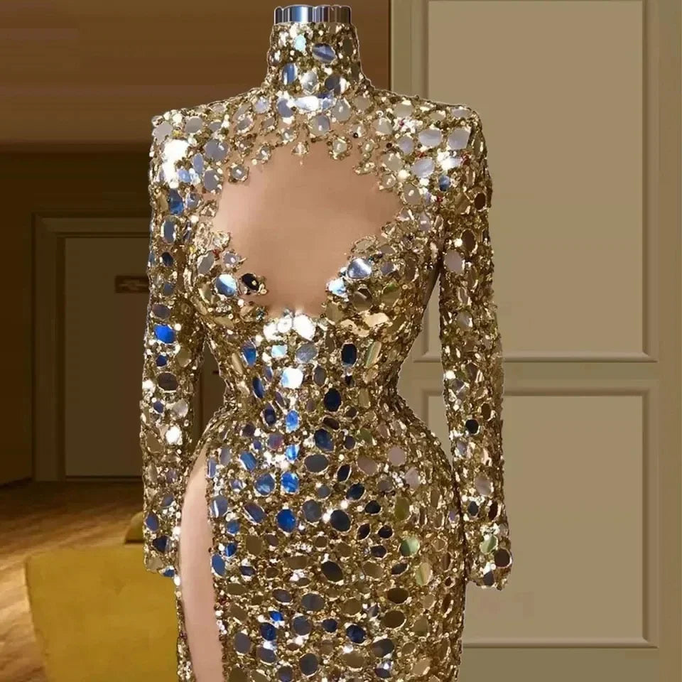 Crystals Evening Dresses Long Sleeves Slit Women Gold Middle East Saudi Arabia Dubai Robe De Soiree Prom Gown Customized