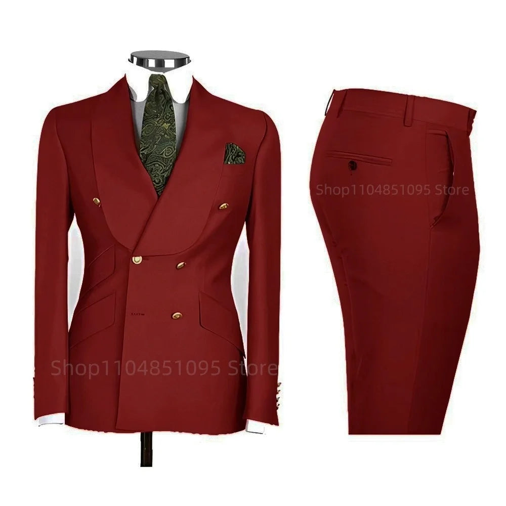 2 PCS Men's Smart Casual Solid Formal Tuxedo Suits with Shawl Lapel Double Breasted Jacket And Pants for Business And Wedding