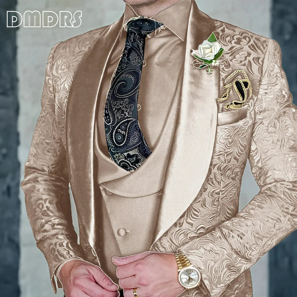 DMDRS | Jacquard Men's 3-piece Suit Set Formal Party Dress Groom's Tuxedo High Quality Elegant Men's Customized Outfit