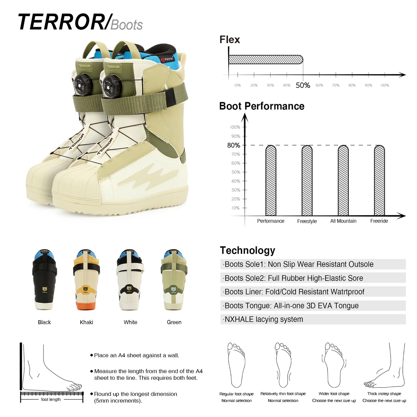 TERROR Snowboard Boot ,NX Dial Knob Lacing Systems and Hook and Loop Straps,Middle Flex,Breathable and Warm Liners - 2025