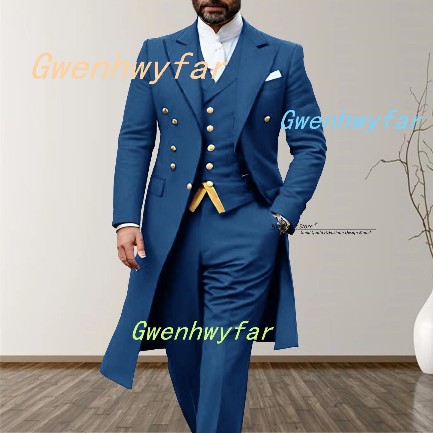 Gwenhwyfar 2025 Elegant Long Men's Suits 3-piece set of Turquoise Men's Wedding Costume with Golden Stitching Vest Casual Pants