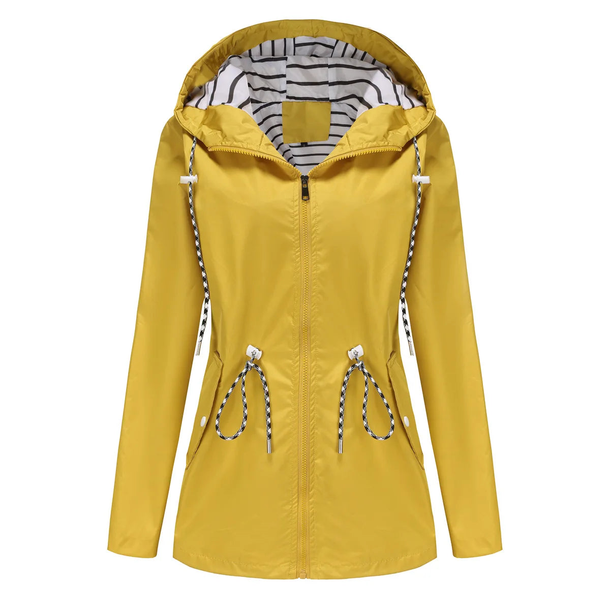 Red Waterproof Hooded Jacket, Women Fashion Casual Coat, Waist Drawstring Tie Zipper Switch Blue Green Yellow Black Windbreaker