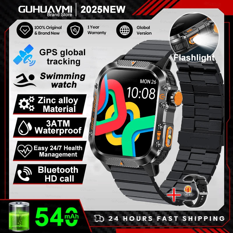 2025New GPS Smart Watch For Xiaomi IOS Military Compass Flashlight Smartwatch Men 10ATM Waterproof 100+Sport Modes BT Call Watch