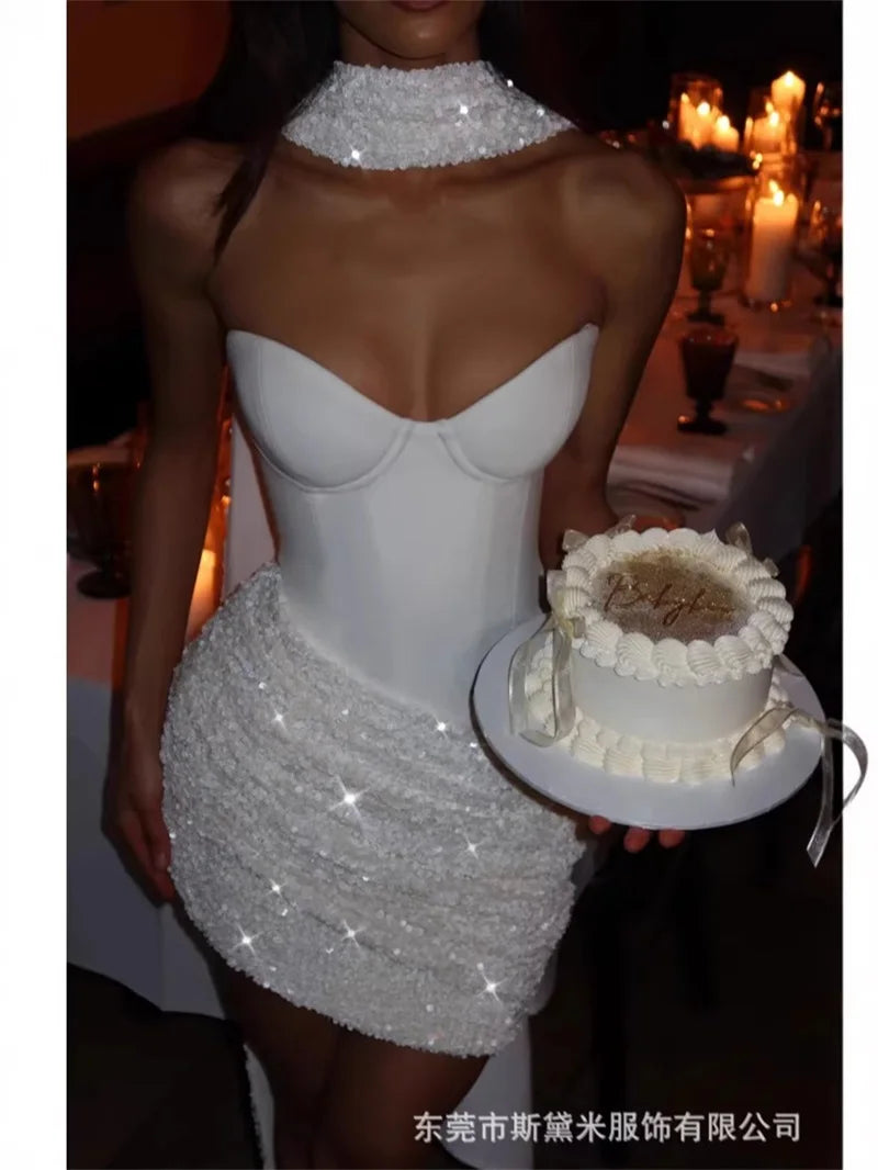 Red & White Sequin Halter Neck Mini Dress with Detachable Scarf ,Strapless Bodice, Bodycon Fit, Evening Party Club Wear Dress