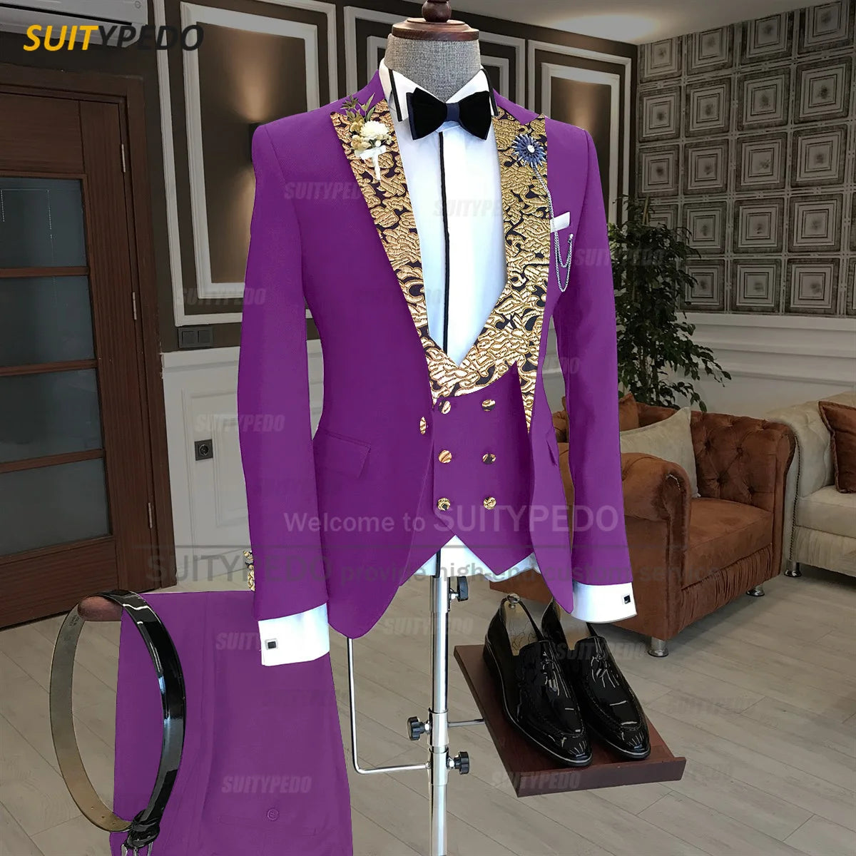 Luxury Men Suits Gold Printed Collar Formal Prom Male Elegant Costume Jacket Vest Pants 3 Pieces Wedding Party Fashion Tuxedos