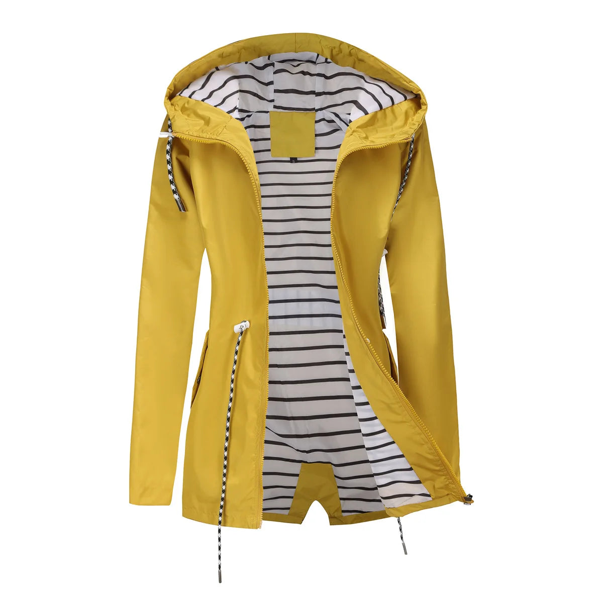 Red Waterproof Hooded Jacket, Women Fashion Casual Coat, Waist Drawstring Tie Zipper Switch Blue Green Yellow Black Windbreaker