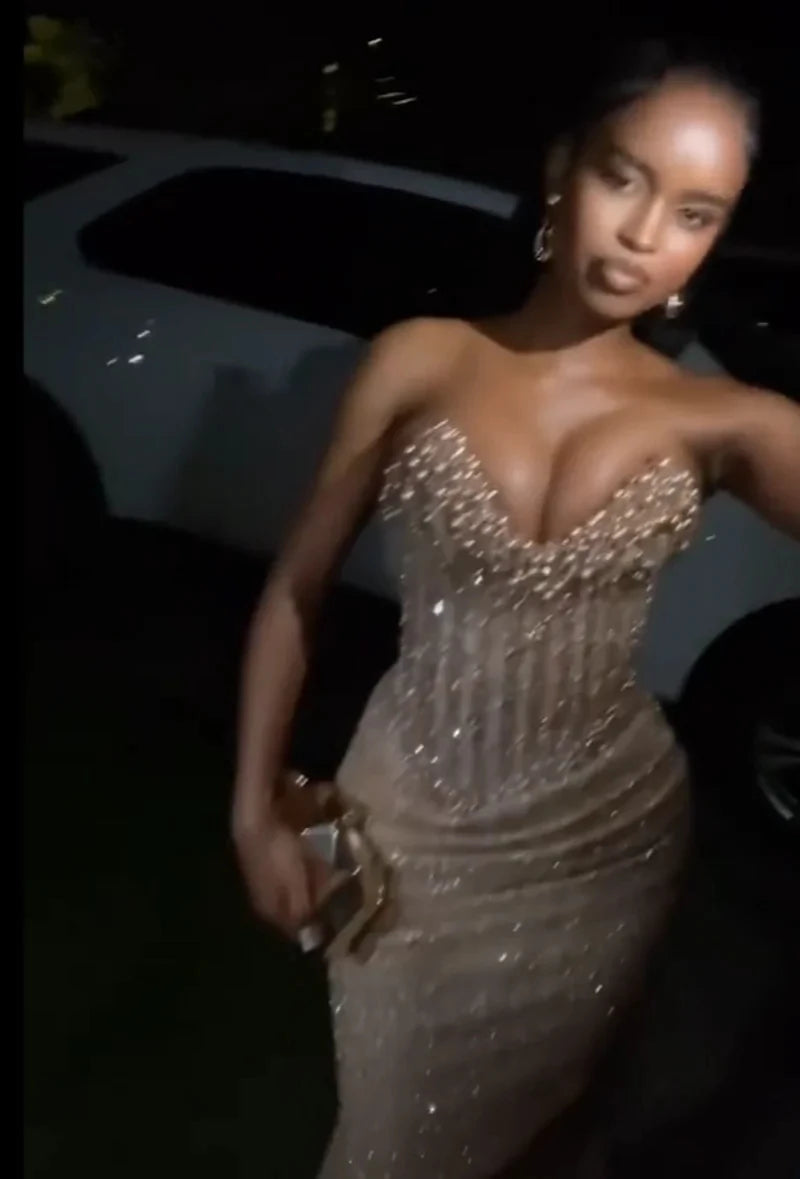 Long Prom Dresses For Black Girls Mermaid Sparkly Pearls American African Evening Gowns Birthday Party Robe Customized