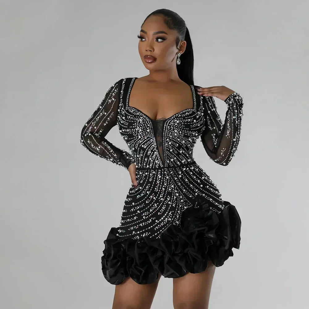 2025 Party Dresses Beading Diamond Long Sleeves Ruffles for women Shiny Elegant Wedding Guest Gown Occasion Celebrate Birthday