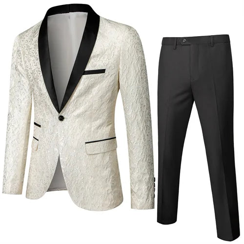 Fashion Men Luxury Wedding Suit Gold / Black / Burgundy / White Classic Homme Jacquard Tuxedo Dress Sets