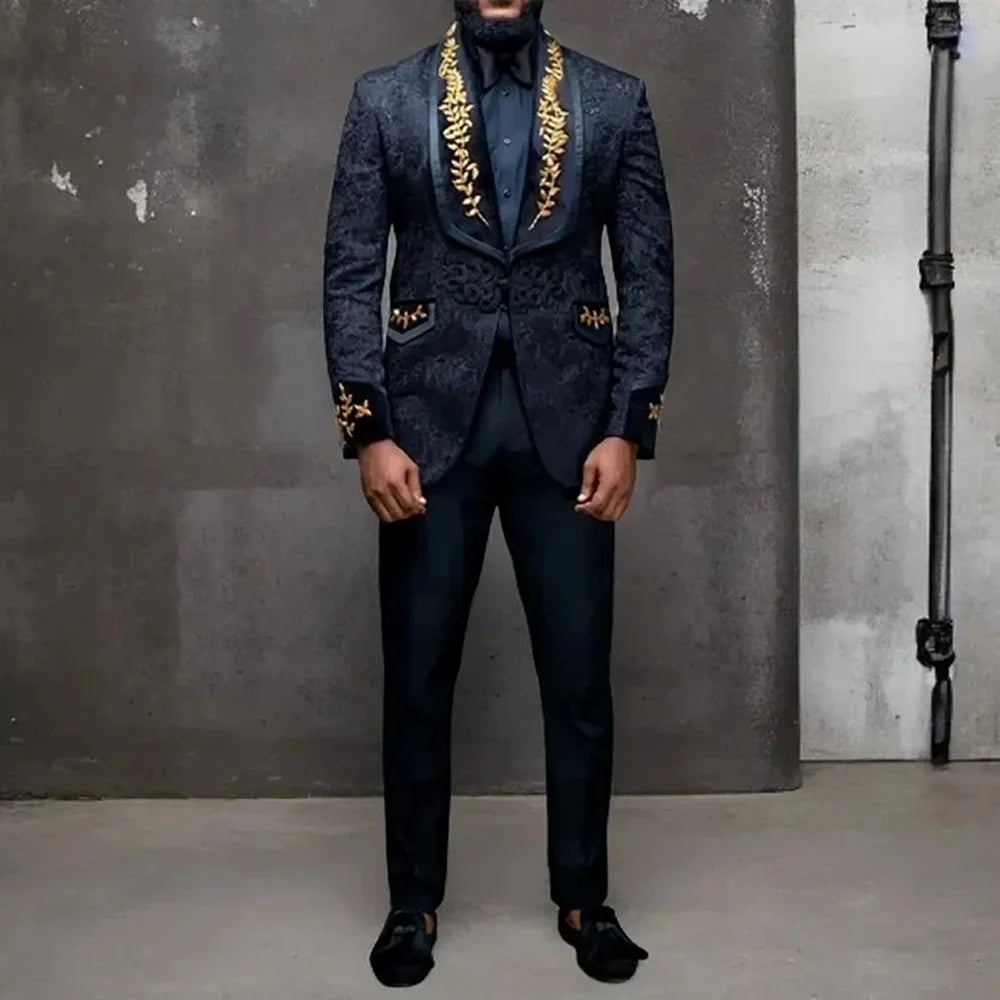 Black Jacquard Men's Formal Haute Couture Shawl Lapel Blazer Pant 2 PCS Se for Wedding Evening Prom Concert Luxury Male Tuxedo