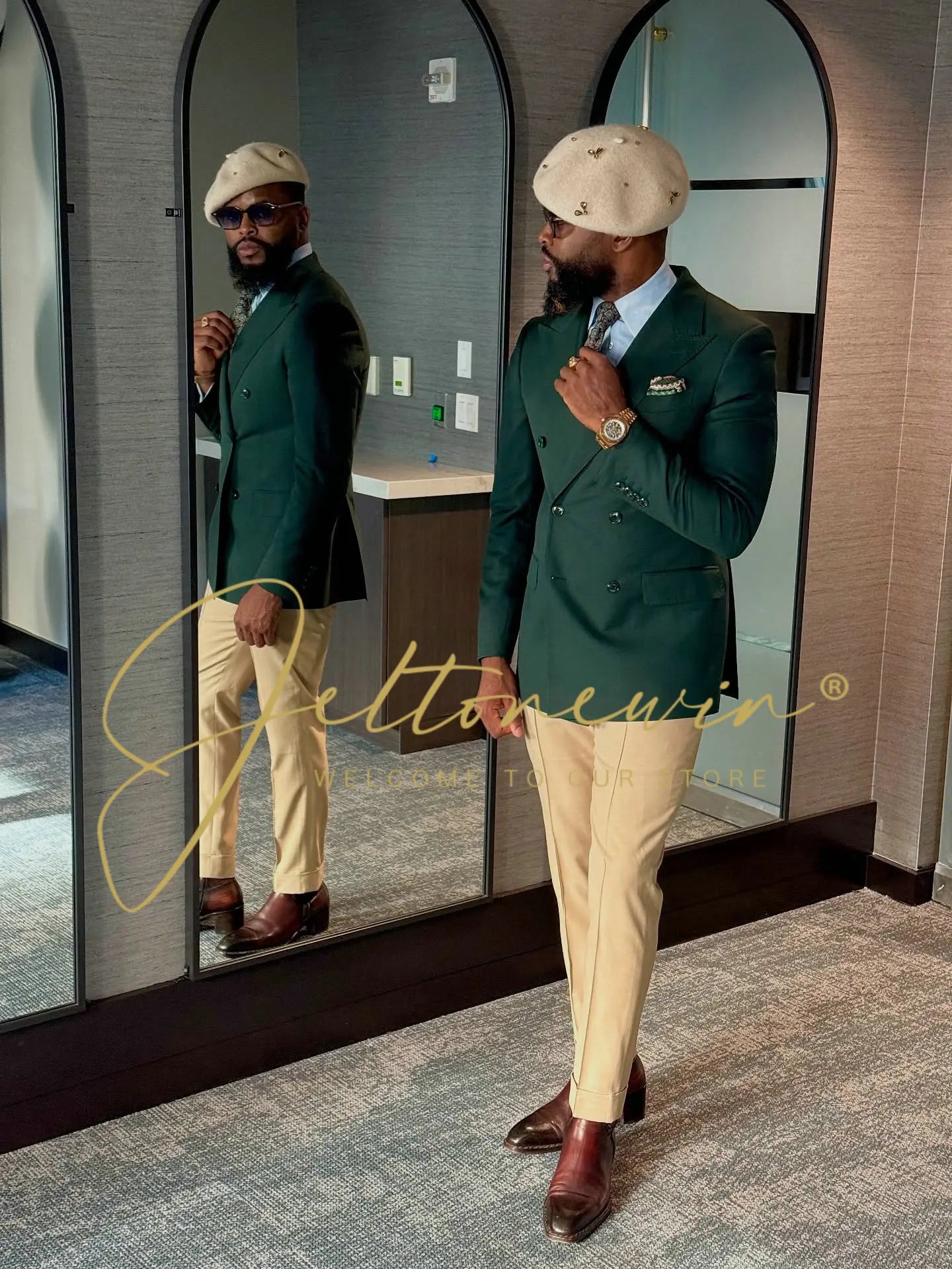 Blue Gold Jacquard Double Breasted Suit for Men Shawl Lapel Slim Fit Luxurious Fashion Statement Wedding Groom Stage Wear homme