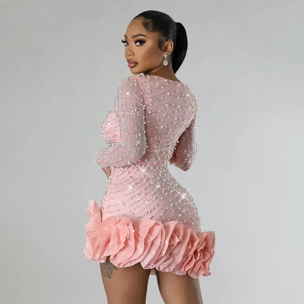 2025 Party Dresses Beading Diamond Long Sleeves Ruffles for women Shiny Elegant Wedding Guest Gown Occasion Celebrate Birthday