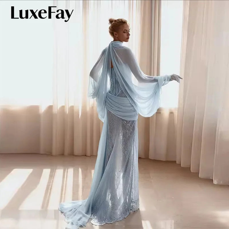 LuxeFay Blue Mermaid Lace Embroidery Prom Dresses Shawl Strapless vestidos de noiva Draped High Split Formal Evening Customized