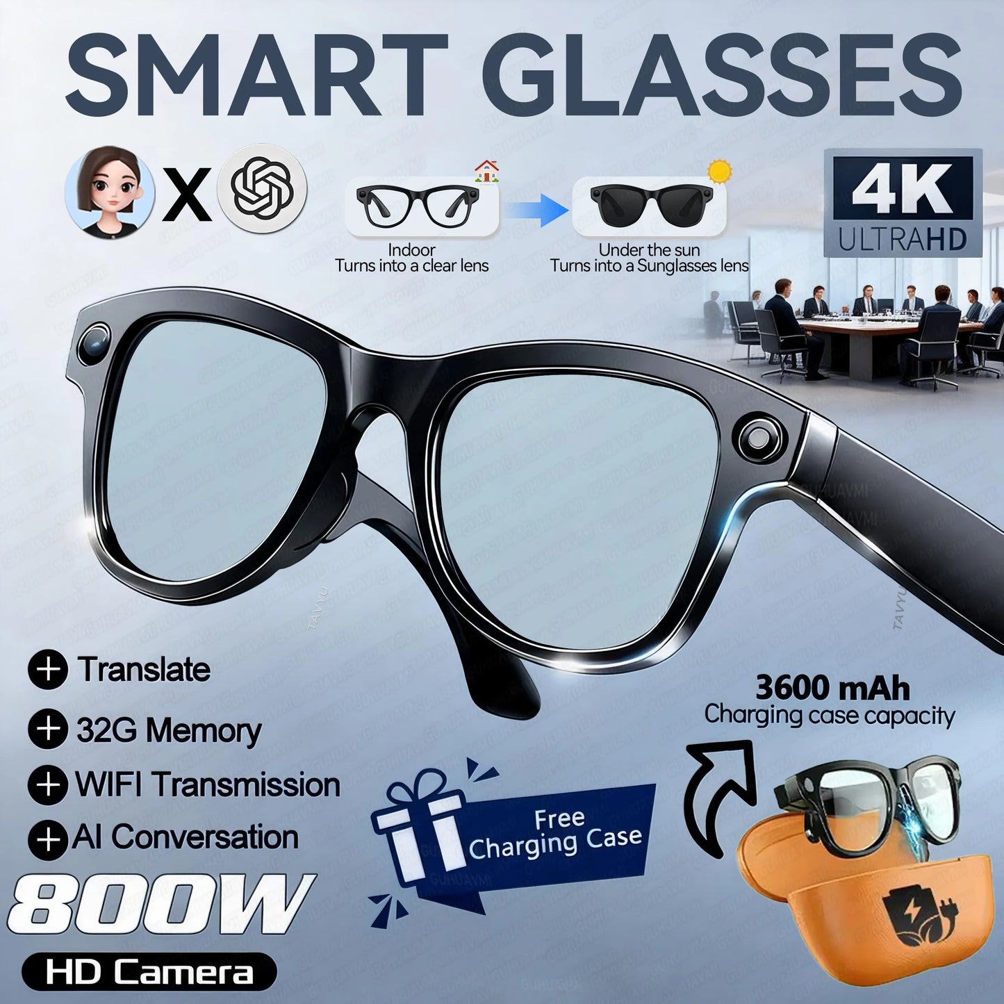 Bluetooth Camera Smart Glasses 4K 1296P Photo Video Open-Ear Dual Speakers Touch Button Control OTA APP 4GB Memory sunglasses