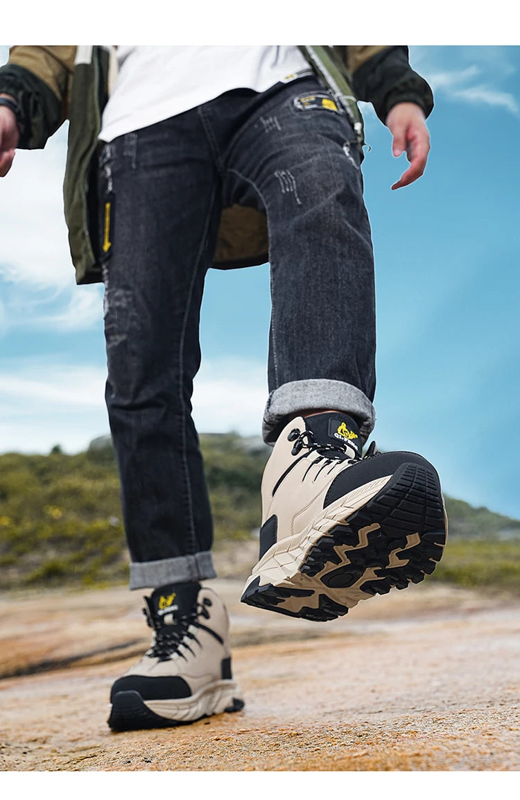 Large Size 48 Leather Hiking Boots Mens Winter Outdoor Warm Fur Non Slip 2025 Fashion Hike Ankle Boot Black Hunting Boots Rubber