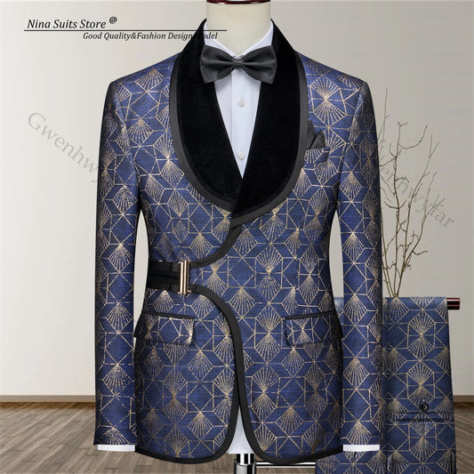Gwenhwyfar High-end Woven Gold Jacquard Men Suit Navy Luxury Fashion Men's Suit 2-piece Formal Party Tuxedo for Man Shawl Lapel